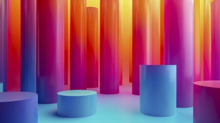 Abstract scene with colorful cylinders in vibrant orange, pink, and blue tones under surreal lighting, AI generated