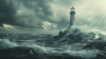 Lighthouse in the storm waves landscape illustration generated by ai
