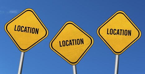 Location, yellow signs with blue sky