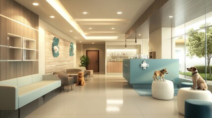 A modern veterinary clinic with clean lines, bright spaces, and comfortable seating for pet owners and their animals