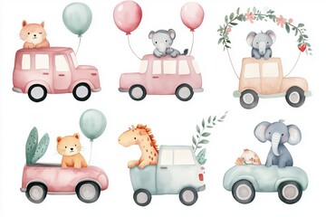 Set with animals on cars, balloons and garland; watercolor hand drawn illustration; with white isolated background 