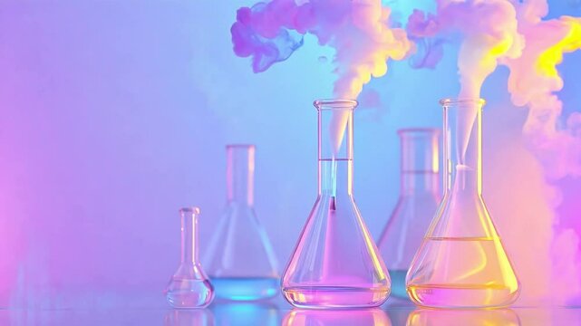Various laboratory flasks release colorful vapor, set against a vibrant backdrop, highlighting a scientific experiment in progress
