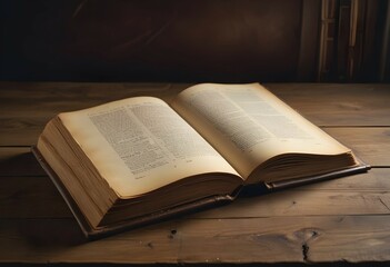 Obraz premium Open book on a wooden table with visible text on its pages, AI generated