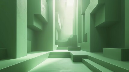 Obraz premium Abstract and mysterious green maze-like structure with light rays piercing through, AI generated