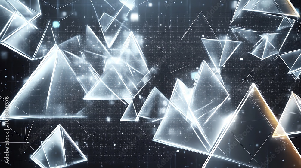 Poster abstract background with glowing glass pyramids on a dark background.