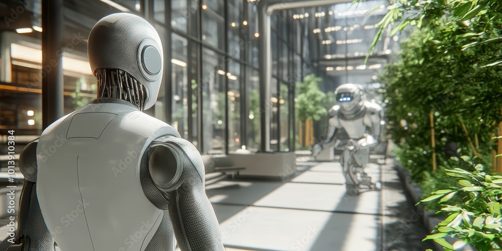 Aufkleber AI in Action: Create an image of a humanoid robot interacting with a human in a modern office, showcasing collaboration between humans and AI.