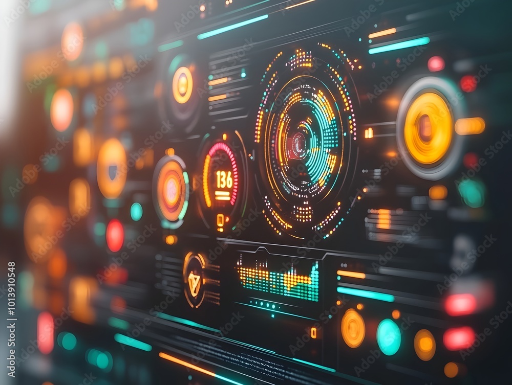 Poster layered digital interface with futuristic data visualizations overlapping screens and panels advance