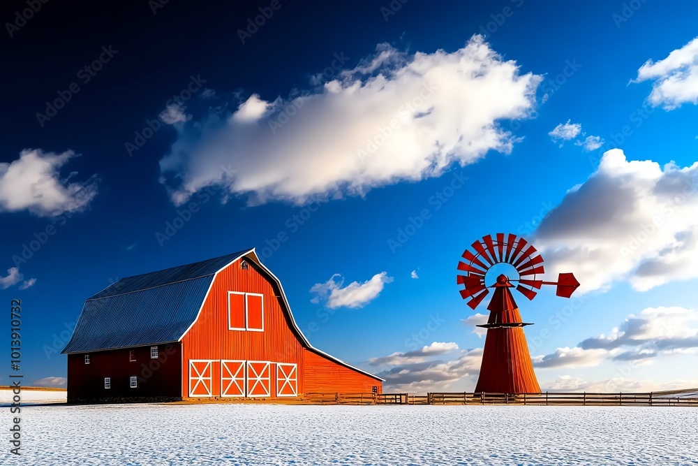 Aufkleber Minimalist image of a barn and windmill, with clean lines and an open sky, capturing the simplicity of rural life