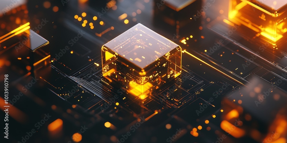 Leinwandbilder Blockchain Visualization: Create an image showing a digital chain of blocks interconnected, symbolizing the structure of blockchain technology.