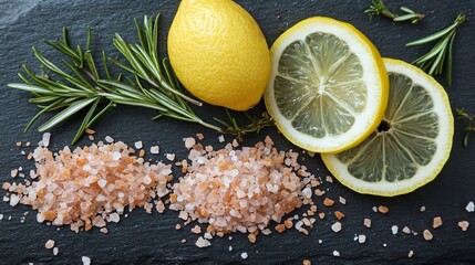 Himalayan pink salt scattered on a slate board, isolated with decorative lemon slices and fresh rosemary