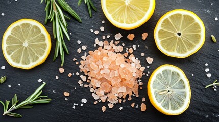 Himalayan pink salt scattered on a slate board, isolated with decorative lemon slices and fresh rosemary