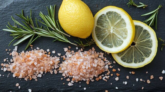 Himalayan pink salt scattered on a slate board, isolated with decorative lemon slices and fresh rosemary - Powered by Adobe
