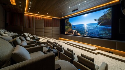 A plush home cinema with tiered seating, acoustic panels, and a large screen for the ultimate movie experience