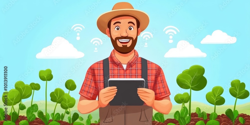Fototapete IoT in Agriculture: Depict a farmer using IoT devices in a field, monitoring crops and soil conditions with a tablet or smartphone.