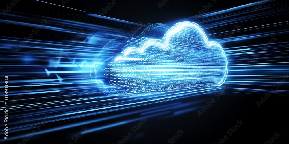 Leinwandbilder Cloud Migration Process: Illustrate a visual representation of data being transferred from on-premises servers to the cloud, with arrows and data flow lines.
