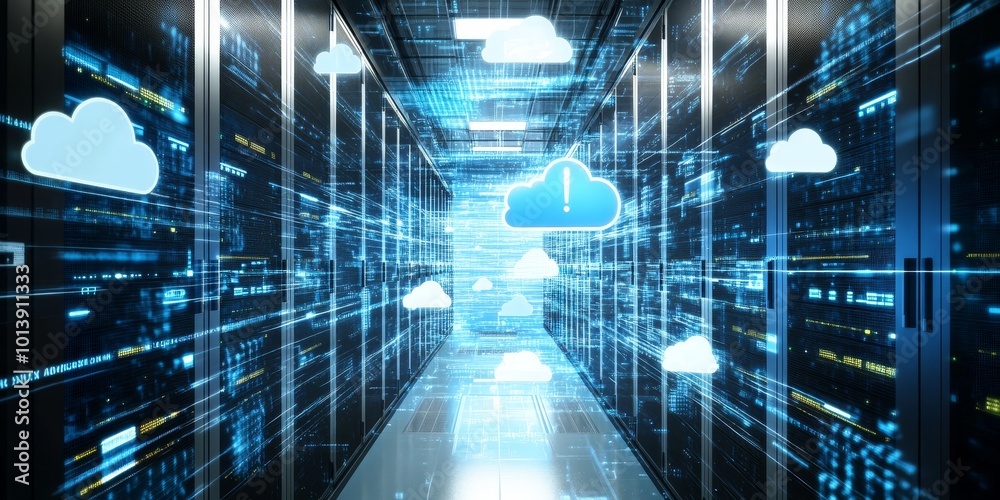 Aufkleber Cloud Infrastructure: Create an image of a modern data center with servers and cloud icons floating above, representing cloud storage and services.