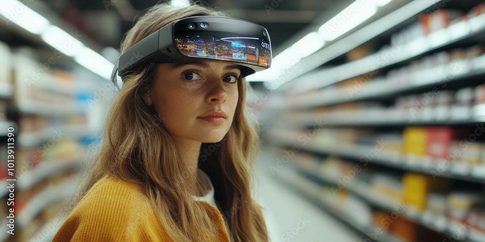 Fototapete AR in Retail: Create an image of a shopper using AR glasses to visualize products in a store, enhancing the shopping experience.