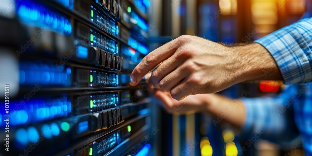 Aufkleber Firewall Configuration: Illustrate a technician configuring a firewall in a server room, emphasizing network security measures.