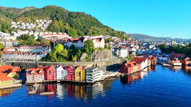 Aerial drone shot of district Skutevik in Bergen, Norway