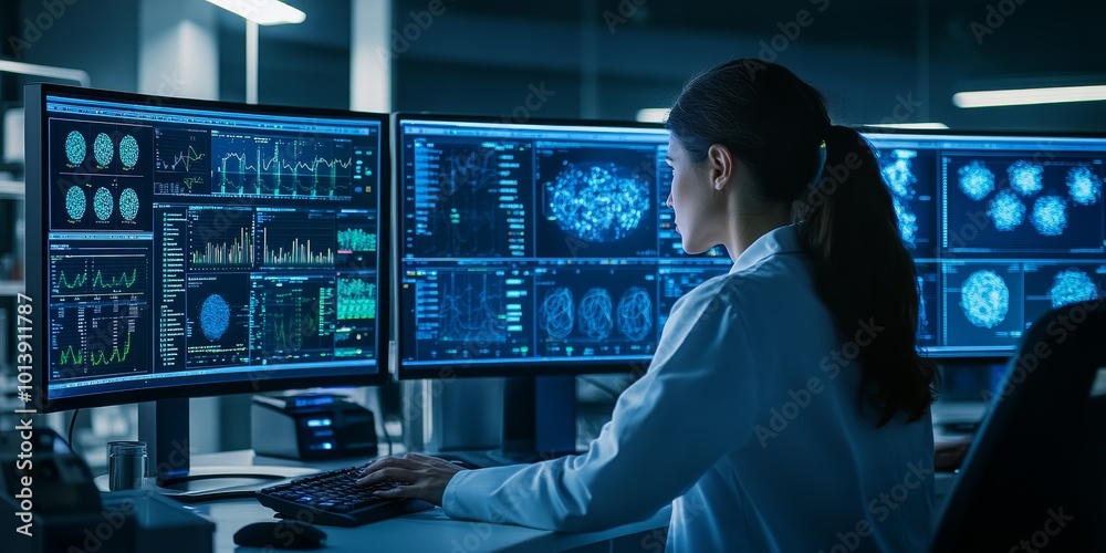 Fototapete Data Analysis Visualization: Create an image showing a data scientist analyzing complex datasets on a computer, with graphs and charts on the screen.