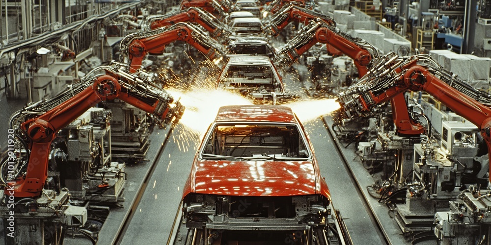 Poster Industrial Robots at Work: Create an image of industrial robots working on an assembly line, showcasing automation in manufacturing.