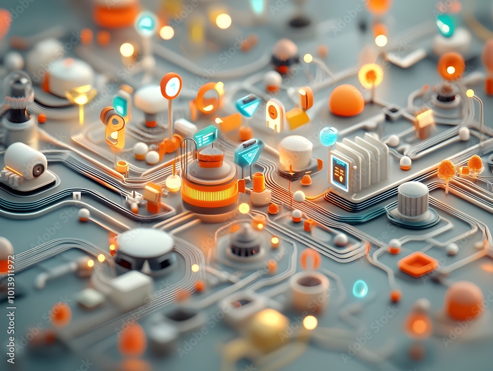 Poster vibrant digital landscape composed of interlocking geometric structures a mesmerizing maze of lumino