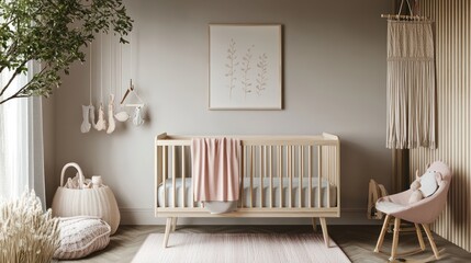 A Scandinavian-style nursery with a light wood crib, wool rugs, and muted pastel textiles, minimalistic and cozy