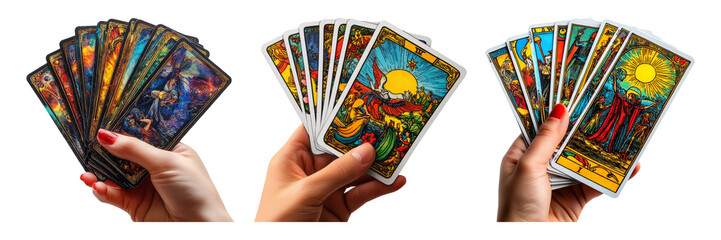 Tarot cards in hands colorful deck with various symbols for fortune telling isolated on transparent background