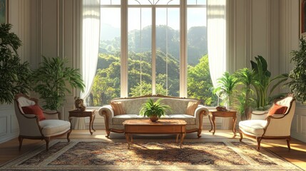 Obraz premium A classic living room with a large window overlooking a lush green mountain landscape.