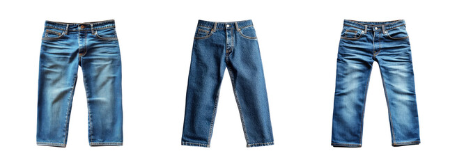 Varied styles of blue denim jeans displayed front view