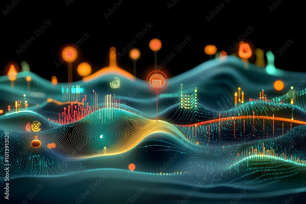 Poster glowing digital landscape with interwoven circuits and binary patterns showcasing cutting edge techn