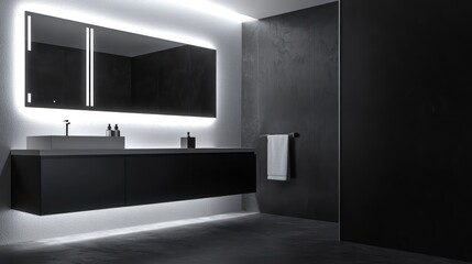 A sleek, ultra-modern bathroom with a floating vanity, backlit mirrors, and a minimalist black and white color scheme