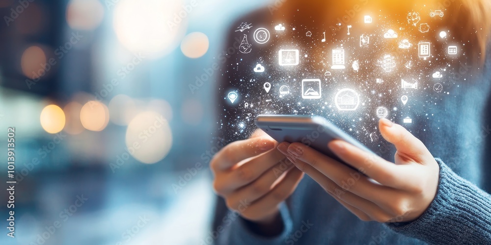 Aufkleber Mobile Banking Apps: Create an image of a person using a mobile banking app on their smartphone, showcasing features like budgeting, transfers, and investment options.