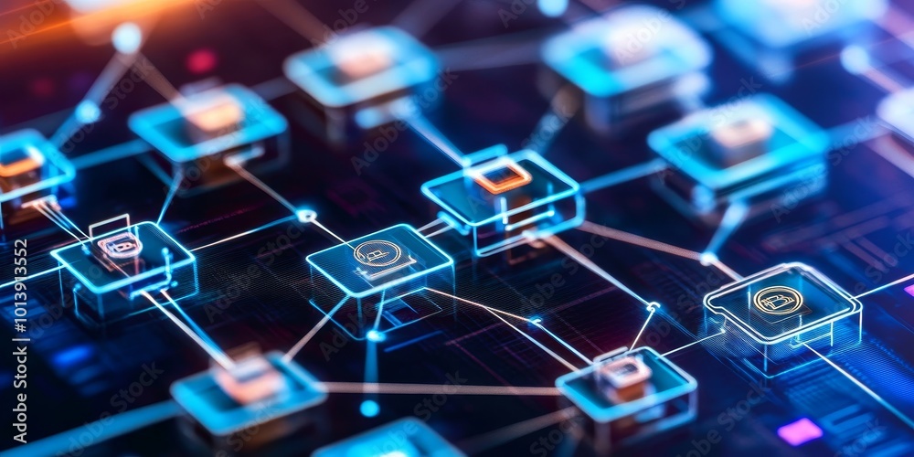 Fototapete Blockchain Technology: Depict a conceptual image of blockchain technology visualized as interconnected blocks, symbolizing security and transparency in financial transact