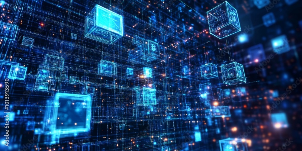 Poster Blockchain Technology: Depict a conceptual image of blockchain technology visualized as interconnected blocks, symbolizing security and transparency in financial transact