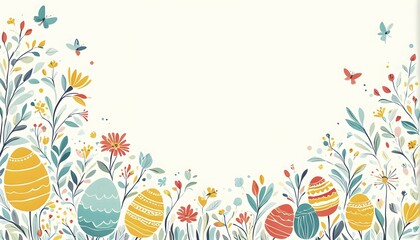 Fototapeta premium Abstract illustration of a Easter card with delicate colorful hand-drawn illustrations, empty space for text, AI generated