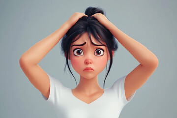 Fototapeta premium Sad stressed upset Asian cartoon character young woman female girl person wearing white top in 3d style design on light background. Human people feelings expression concept