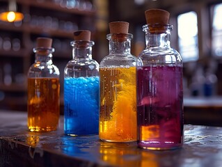 Colorful Liquids in Glass Bottles - Science Experiment
