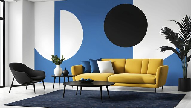 Minimalist illustration featuring abstract shapes to convey fun and ease, wallpaper with blue color accent, AI generated