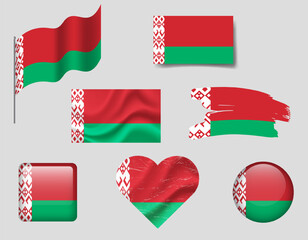 Belarus flag set of icons. Vector flag of Belarus, symbol. Set of Belarus flags button, brush, waved, heart.