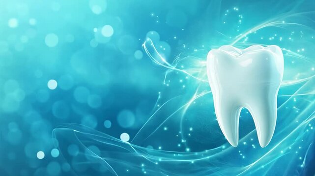 A gleaming white tooth stands out against a vibrant blue backdrop with empty space, highlighting the importance of dental care and cleanliness