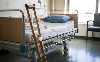 walking crutch beside hospital bed in recovery room. Medical care and recovery