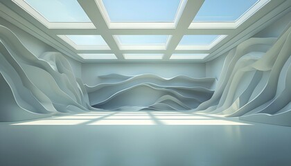Obraz premium Three dimensional rendering of a futuristic empty room with skylights, AI generated