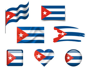 Obraz premium Cuba flag set of icons. Vector flag of Cuba, symbol. Set of Cuban flags button, brush, waved, heart.