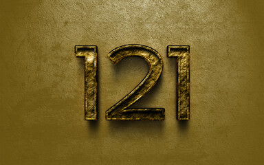 3D dark golden number design of 121 on cracked golden background.