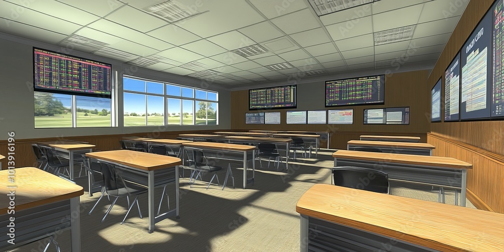 Poster Educational Trading Environment: Depict a classroom setting where students learn about stock trading with simulators, viewing stock charts on multiple screens.