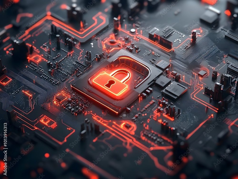 Poster digitally locked world with glowing circuit board and padlock symbol on globe futuristic sci fi conc
