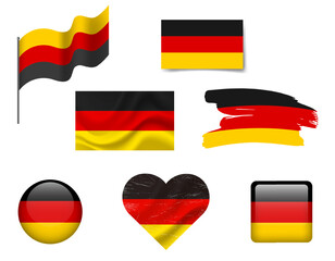 Germany flag set of icons. Vector flag of Germany, symbol. Set of German flags brush, button, waved, heart.