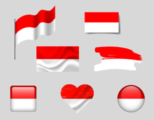 Indonesia flag set of icons. Vector flag of Indonesia symbol. Set of Indonesia flags button, waved, heart.