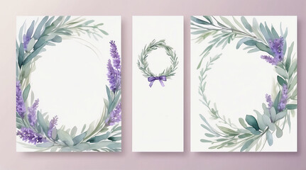 Set of three elegant watercolor floral designs featuring lavender and greenery in soft pastel tones with copy space